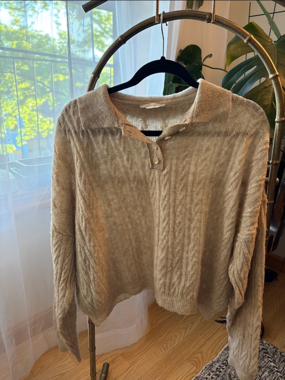 Beige Lightweight Cable Knit Women's Sweater Cardigan
